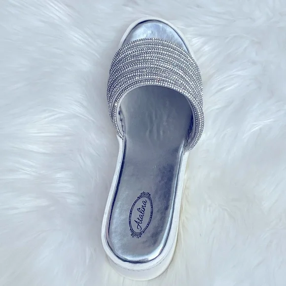 Restock!  White Platform Silver Rhinestone Embellished Wedge Slide-In Sandals - Picture 5 of 12